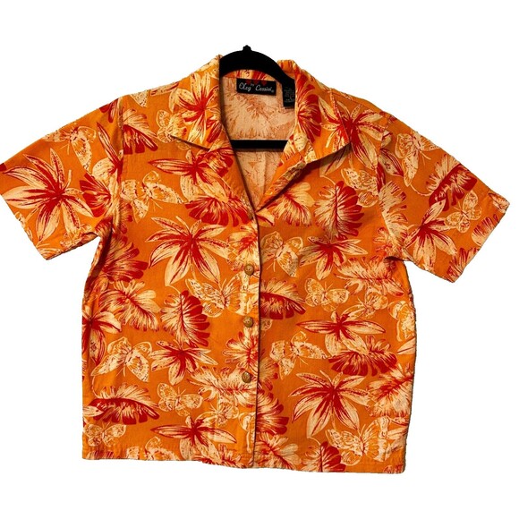 Oleg Cassini Tops - Oleg Cassini Hawaiian Shirt Womens S Orange Floral Linen Blend Statement Buttons